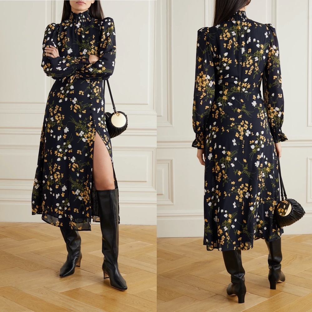 Reformation Black Floral Midi Dress with Yellow & White Print - Picture 3 of 3